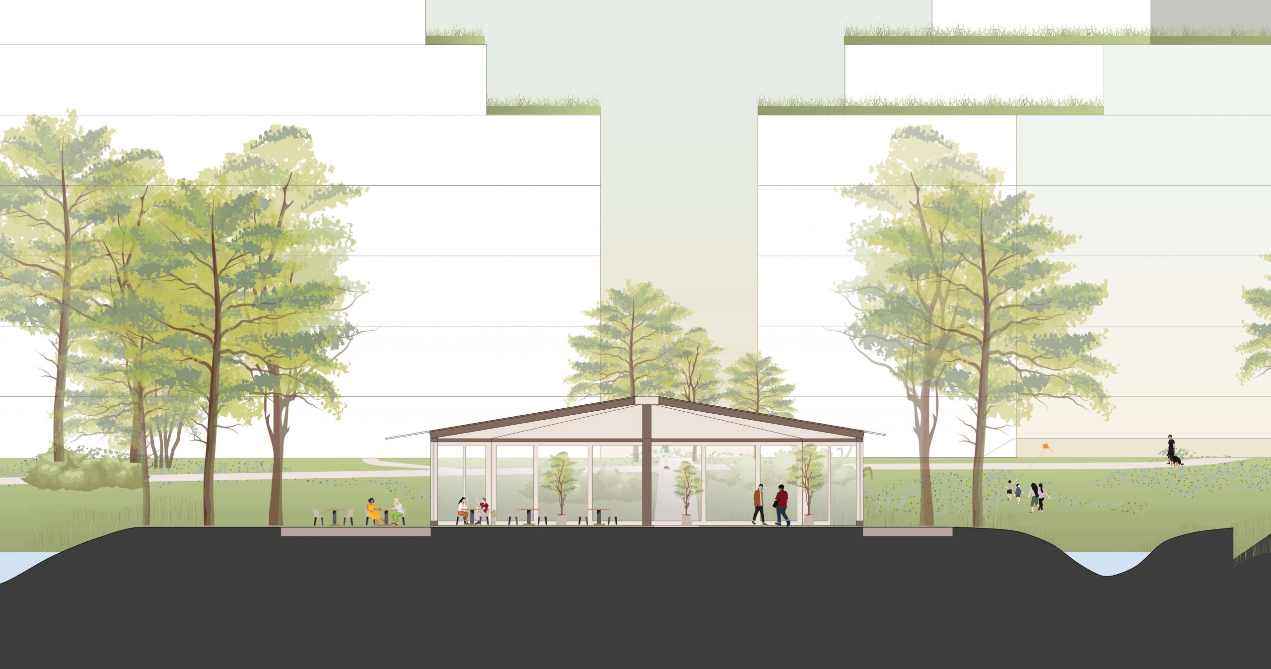 Paviljoen doorsnede van De Blinkert in Capelle aan den IJssel ontworpen door Rijnboutt