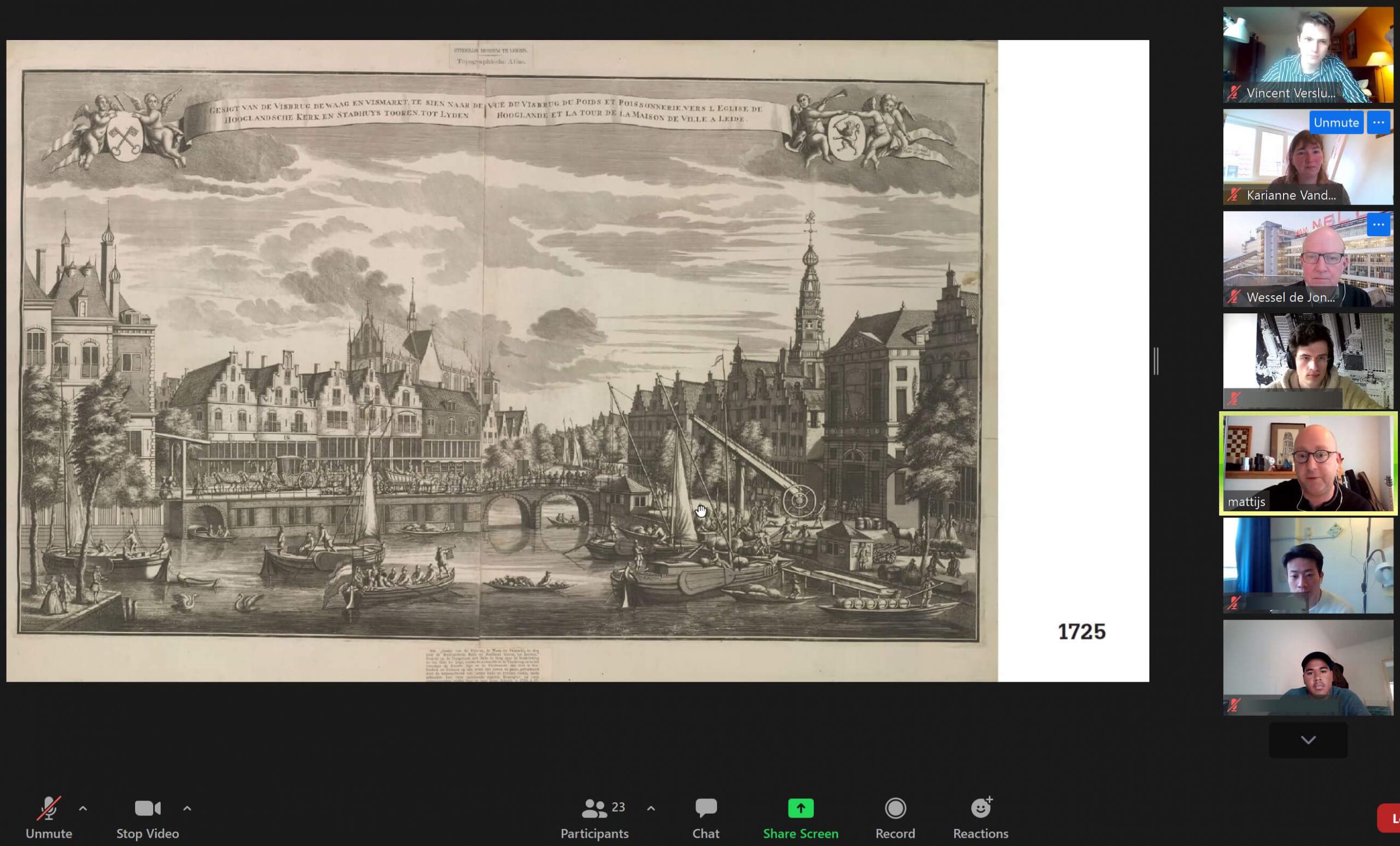 Historische binnenstad Leiden 1725 onderdeel lezing Mattijs Rijnboutt voor TU Delft